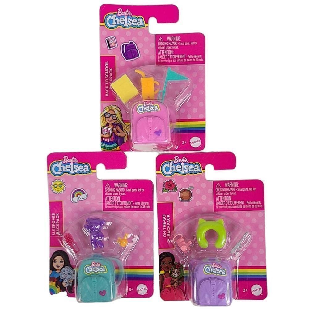 3 Pack Barbie Chelsea Doll On-The-Go Backpack 12 pc Accessories Bundle/Lot/Set